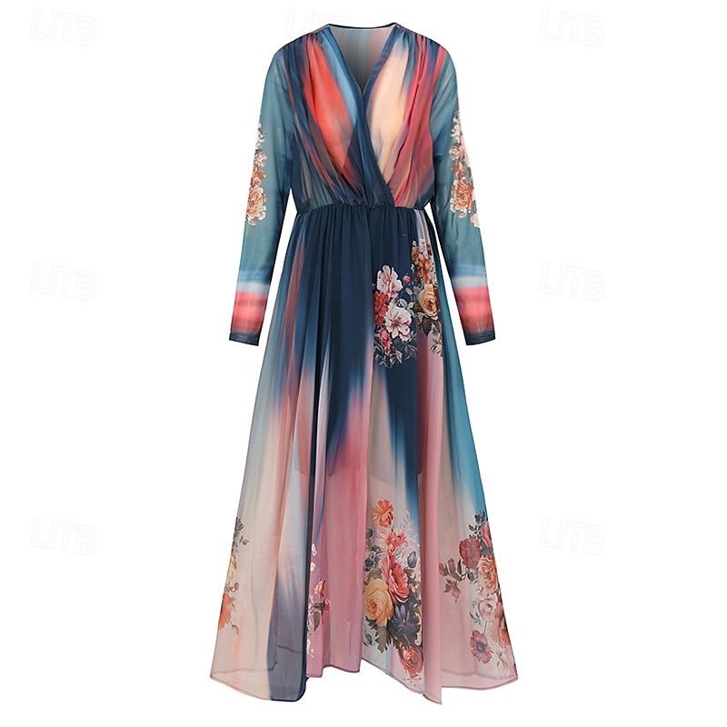 damska długa sukienka maxi sukienka casualowa sukienka rozkloszowana sukienka w kwiaty sukienka letnia sukienka boho vintage wakacje codzienne wakacje regularny krój kwiatowy długi rękaw dekolt w serek niebieski lato 2025 - $28.99 –P4