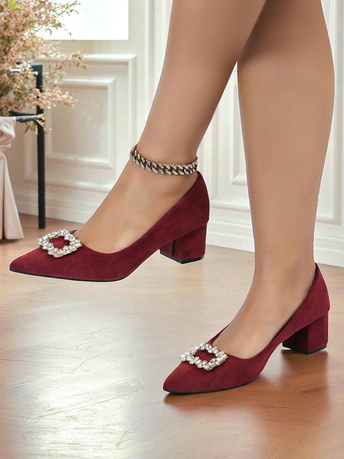 Zapatos de tacón de bloque de ante burdeos para mujer con hebilla de diamantes de imitación: elegantes zapatos de vestir de estilo retro para mujer, ideales para la oficina, bodas y fiestas. 2025 - $34.99 –P1