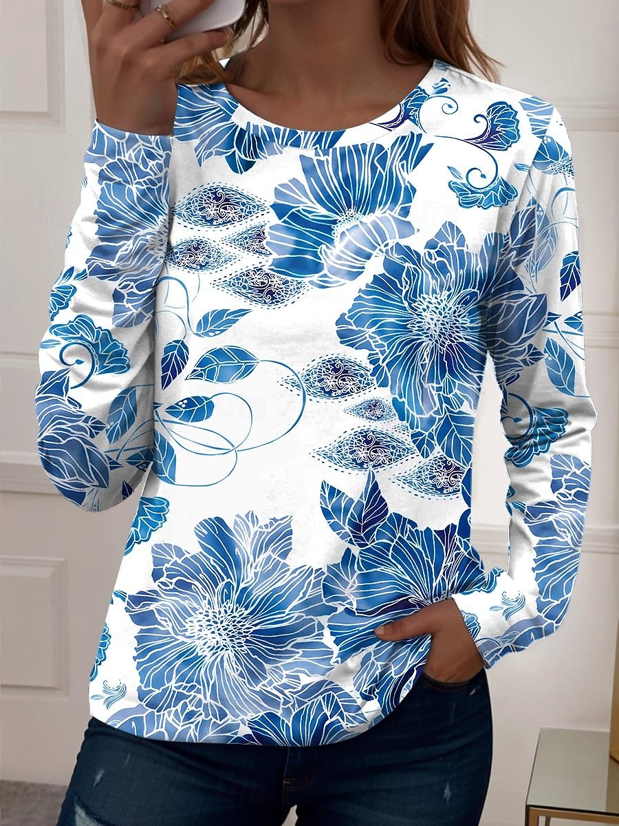 Dámské tričko dlouhý rukáv crew neck dlouhý rukáv tunika grafické geometrické vintage casual běžné topy denní tisk žlutá modrá fialová zelená jaro podzim předpodzim 2026 - $24.99 –P3