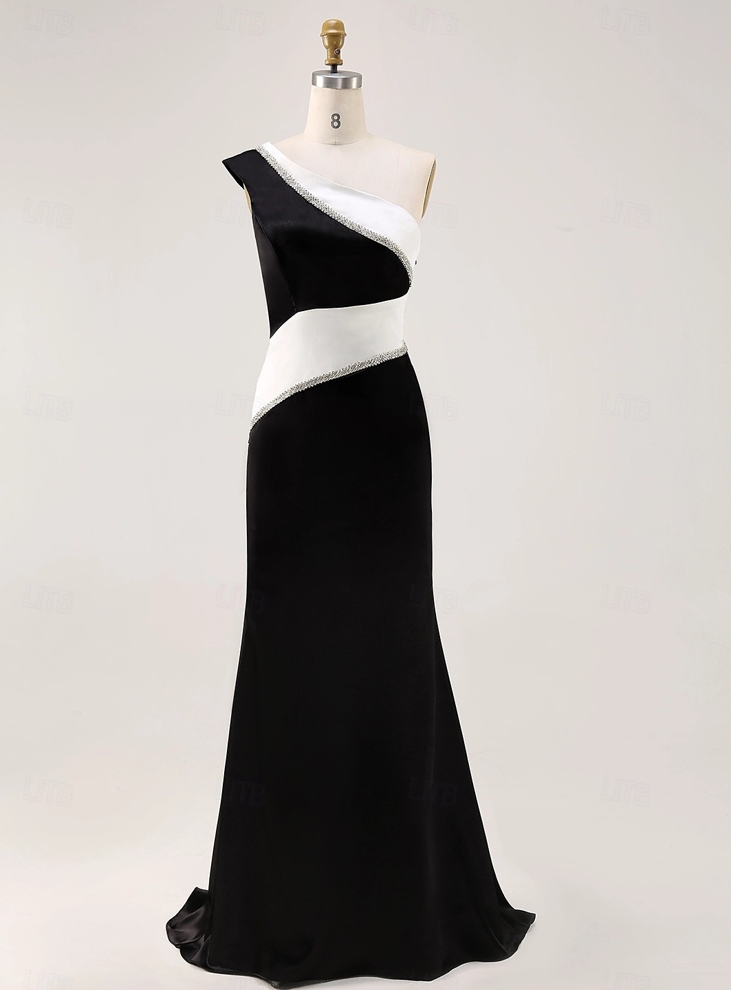Rochie de seară elegantă, tip sirenă, alb-negru, de mireasă, formală, lungime până la podea, fără mâneci, model crepe elastic pe un umăr, cu sclipici, încrețit, 2025 2025 - $147.99 –P2