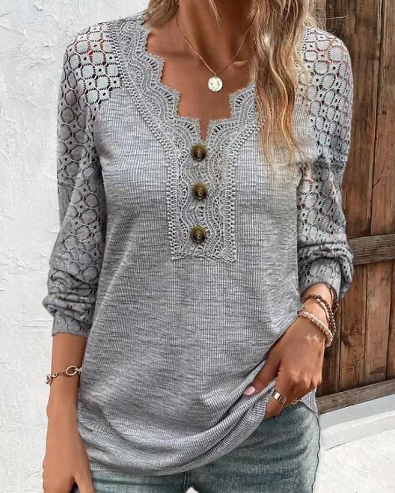 Femmes T-shirt Uni Occasionnel manche longue Col en V Hauts Réguliers Quotidien Sortir Week-end Boutons Noir Blanche Gris Automne de 2025 ? $21.99 –P2