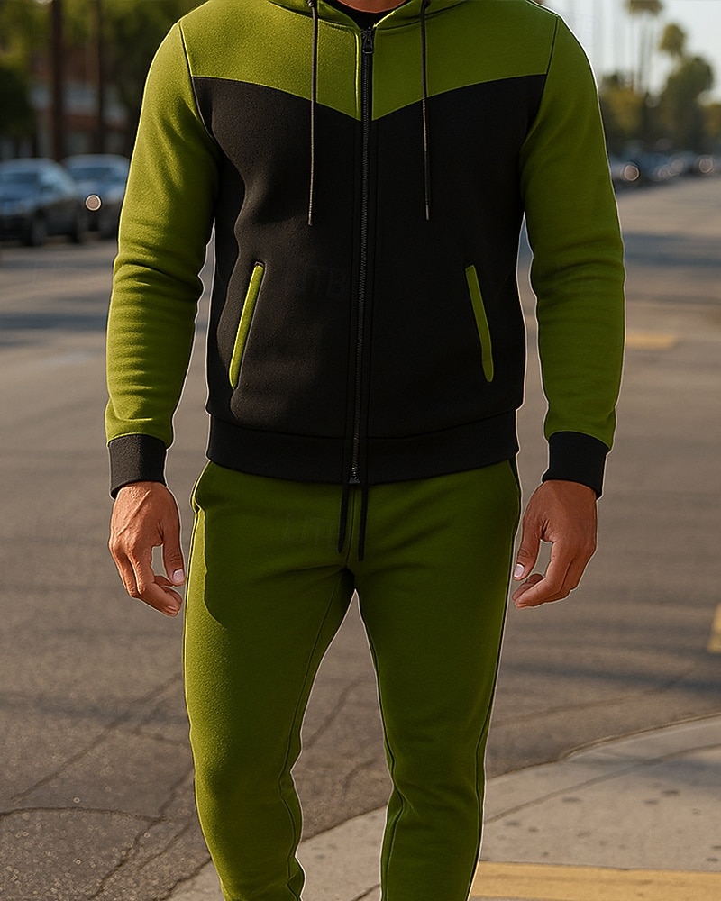 Муж. Спортивный костюм Штаны Куртка с капюшоном Капюшон Карман на молнии Контрастных цветов Наборы одежды Наступила зима Белый Военно-зеленный Тренажерный зал Тренировки Бег С защитой от ветра 2026 - $38.99 –P6