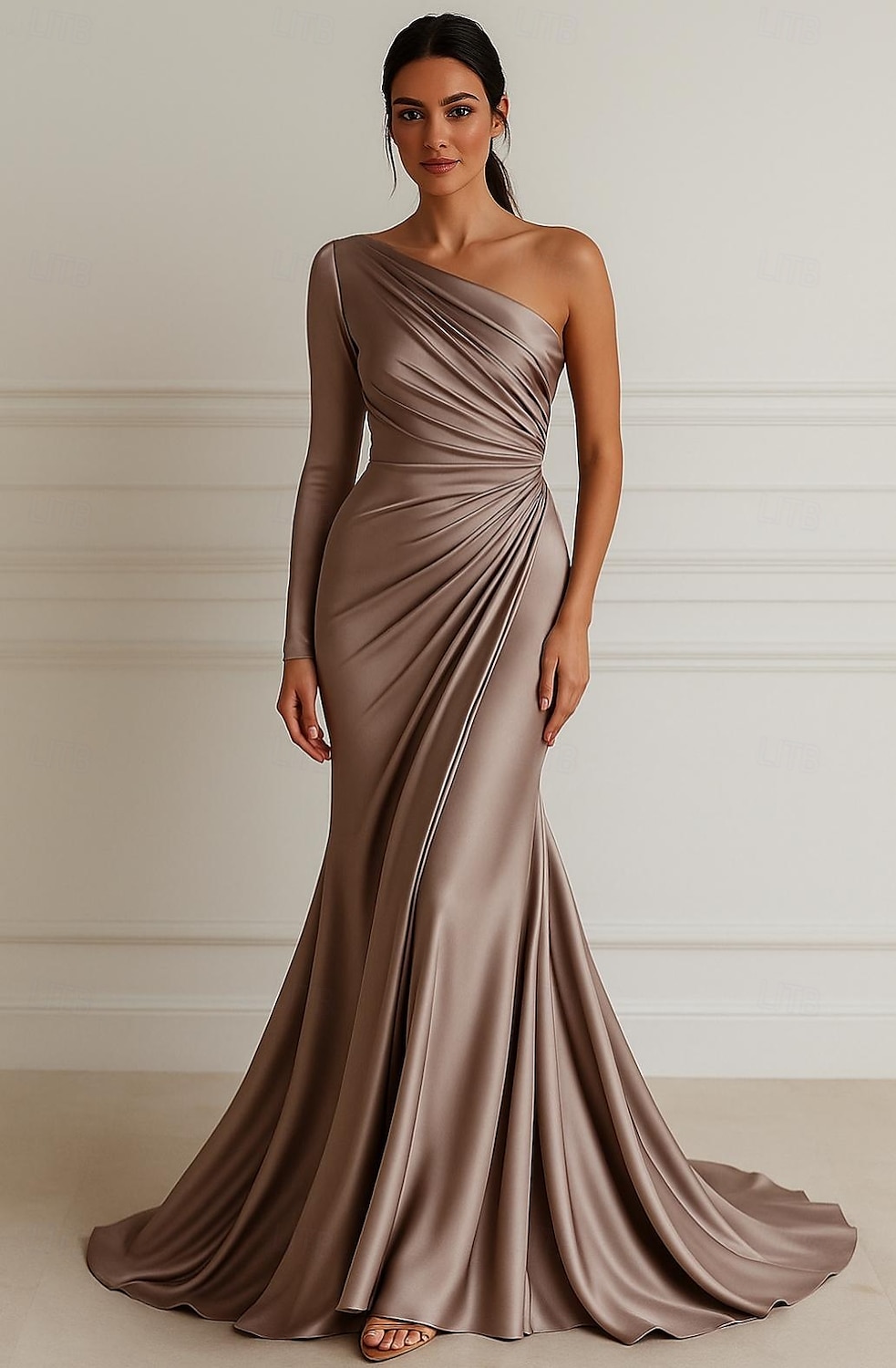 Sirena / Tromba Abito da Sera Elegante Vestito Formale Matrimonio Lunghezza al pavimento Manica Lunga Monospalla Vestito Rosa Raso Elasticizzato con Pieghe 2025 del 2025 a $139.99 –P1