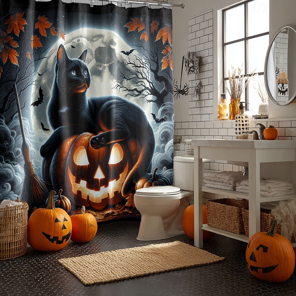 Halloweenský sprchový závěs s háčky, polyesterový, pratelný, voděodolný, vzorovaný, koupelnová vana, dekorace 2025 - $21.99 –P24