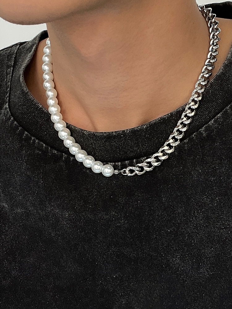 męski zestaw biżuterii z pereł i łańcuszków – modny naszyjnik i bransoletka z pół perły, pół metalu na styl uliczny, hip-hopowy i imprezowy 2026 - $9.99 –P2