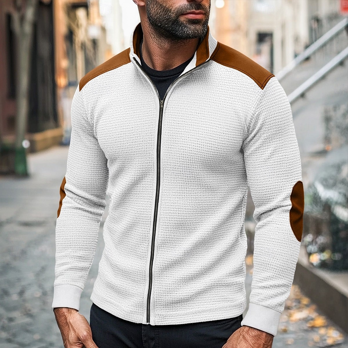 Herren T Shirt Jacke Waffelstrick T-Shirt T-Shirt Langarm Stehkragen Herbst Frühling & Herbst Farbblock Mode Designer Basic Reißverschluss Patchwork Urlaub Straße Lässig Weiß Marineblau Kaki Top 2025 - $25.99 –P2