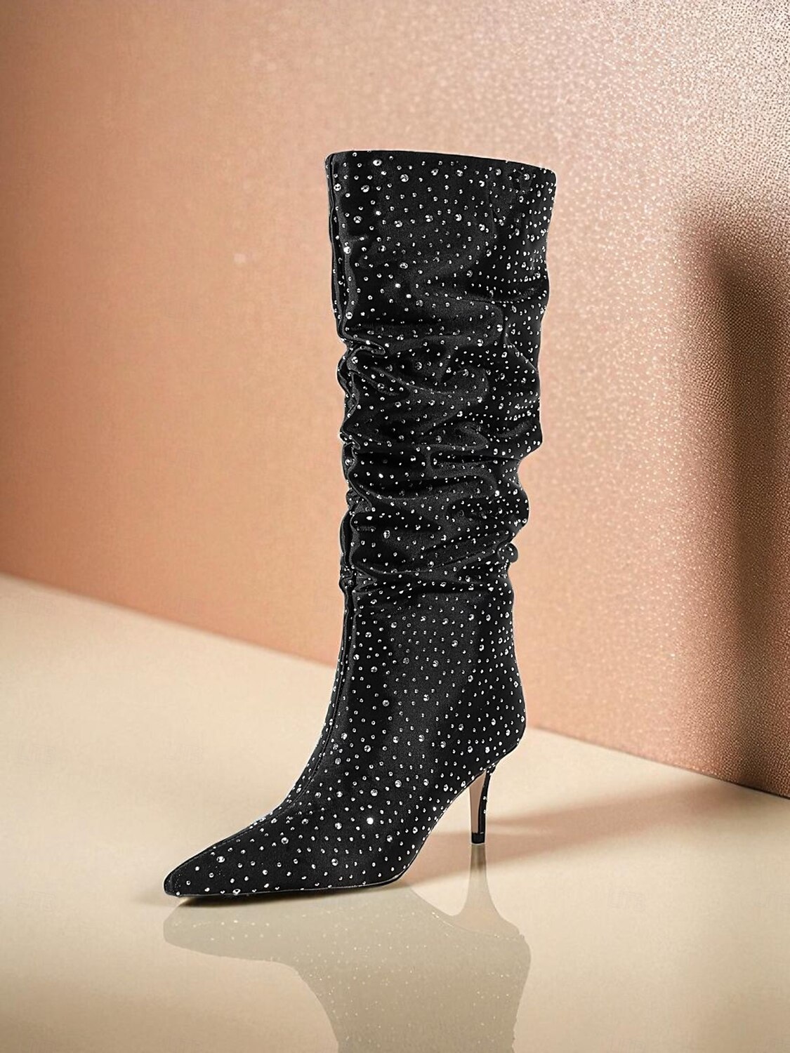 Bottes mi-mollet souples à strass bleus pour femmes - Bottes de soirée à bout pointu et talon chaton pour la vie nocturne et les tenues de soirée de 2025 ? $89.99 –P4