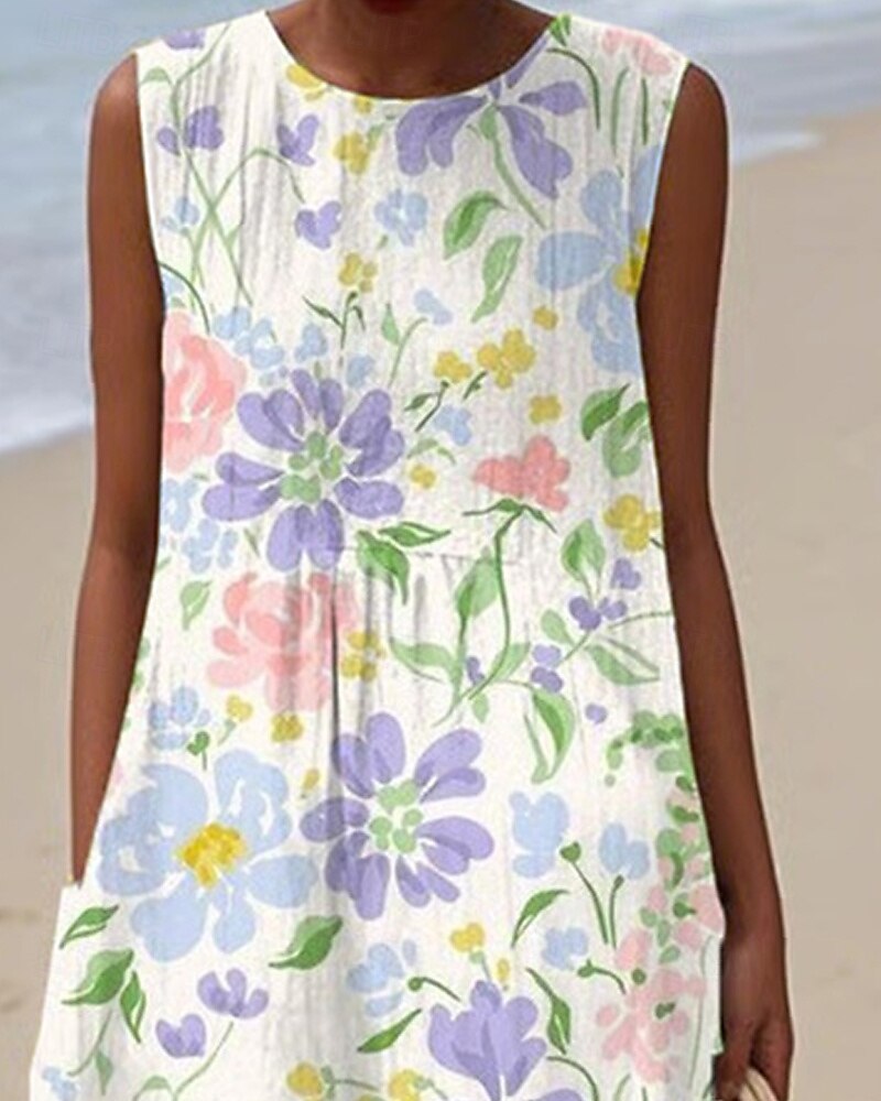 Damen Midikleid Freizeitkleid Sommerkleid Mode Modern Täglich Strand Wochenende Normale Passform Blume Ärmellos Rundhalsausschnitt Weiß Blau Sommer 2025 - $24.99 –P2