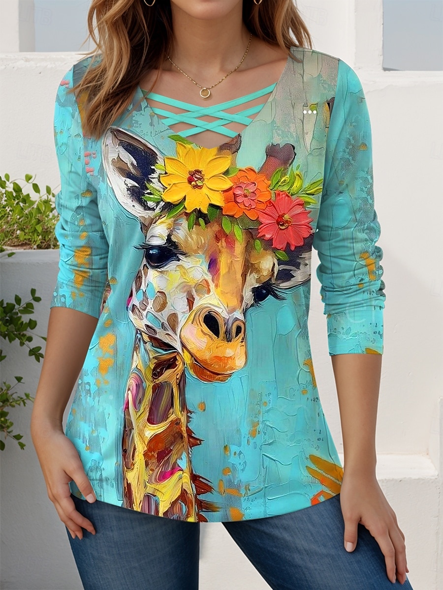 Femmes T-shirt Graphique Animal Girafe ancien Élégant Classique manche longue Col en V Hauts Réguliers Quotidien Découpé Imprimé Rose Claire Bleu Vert Rose Printemps Automne de 2025 ? $22.99 –P3