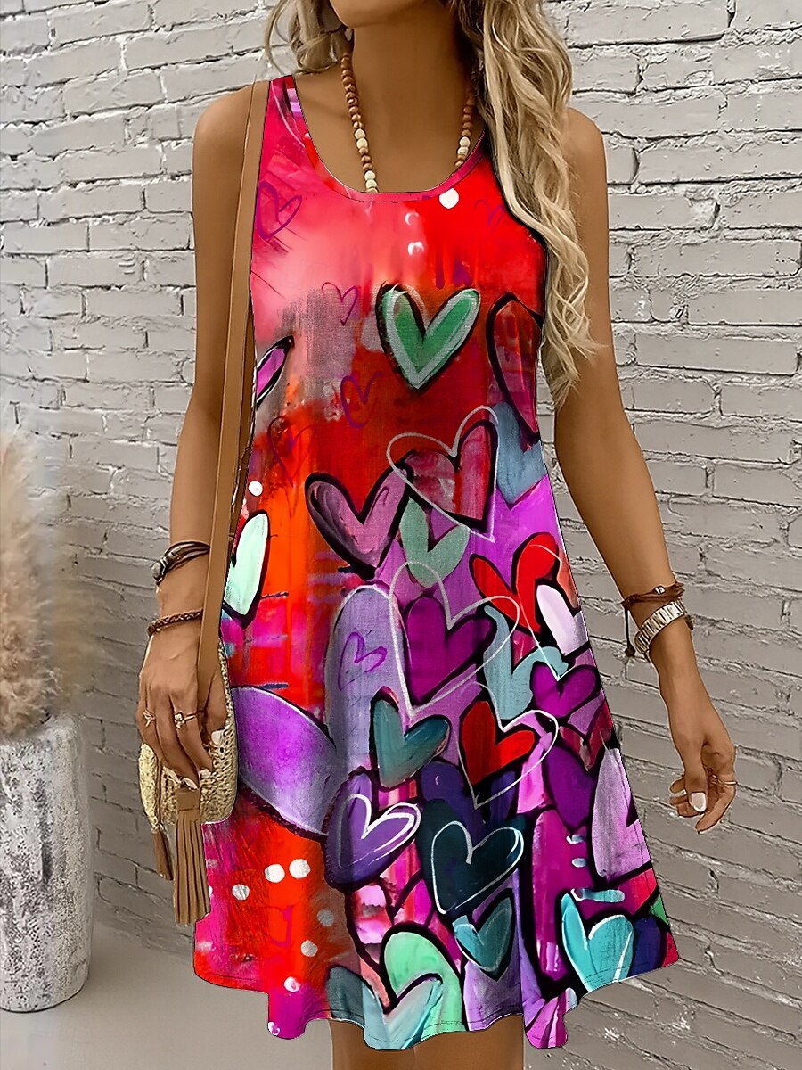 Damen Minikleid Sommerkleid A Linie Kleid Schulterfreies Kleid Urlaub Lässig Boho Ferien Strand Normale Passform Herz Grafik Ärmellos Rundhalsausschnitt Gelb Rote Blau Purpur Sommer Frühling 2025 - $21.99 –P7