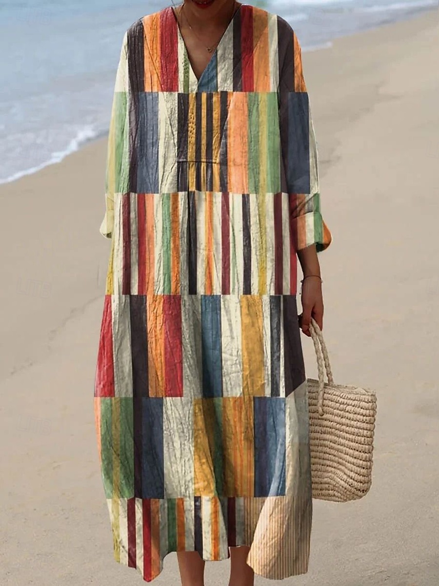 Per donna Abito Midi Vestito Estivo Abito a Tubino Vacanza Casual Spiaggia Uscire Spiaggia Vestibilità comoda Grafico Geometrico Manica Lunga Scollo a V Giallo scuro Giallo Rosa Blu Estate Primavera del 2025 a $35.99 –P4