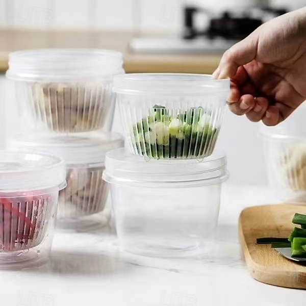 Lot de 5 boîtes de conservation pour aliments avec couvercles, récipients de conservation pour oignons, gingembre et ail, bols de préparation ronds avec drainage pour réfrigérateur, organisateur de 2025 ? $10.49 –P7