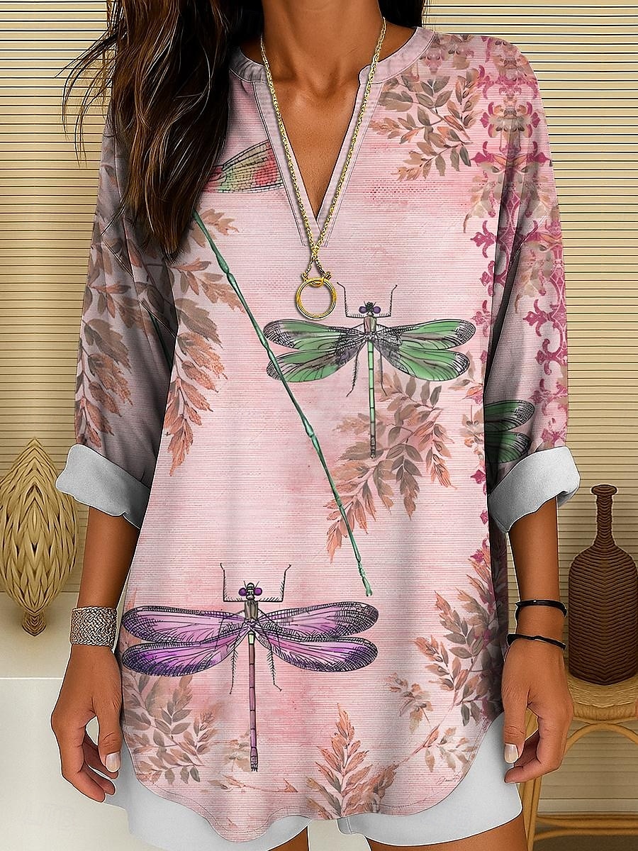 Femmes Chemisier Graphique Animal Libellule ancien Tropical Quotidien manche longue Col en V Hauts Longs Quotidien Fête Tenue de plage Imprimé Champagne Rose Claire Bleu Violet Vert Été Printemps de 2025 ? $24.99 –P4