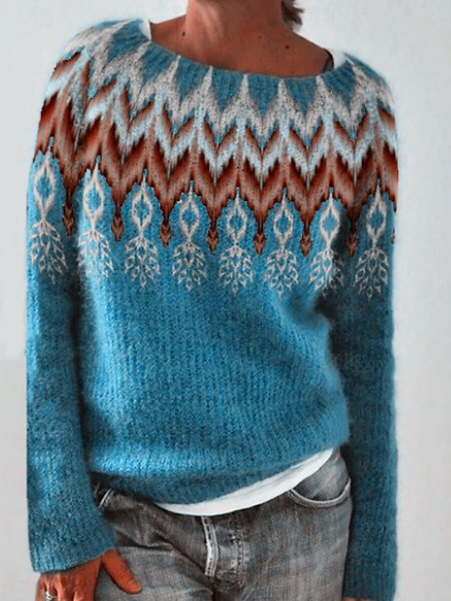 Damen Pullover Lässig Weich Grafik Geometrisch Gerippt Rundhalsausschnitt Gestrickt Druck Langarm Normale Oberteile Stricken Outdoor Täglich Wochenende Gelb Blau Herbst Winter 2025 - $53.99 –P1