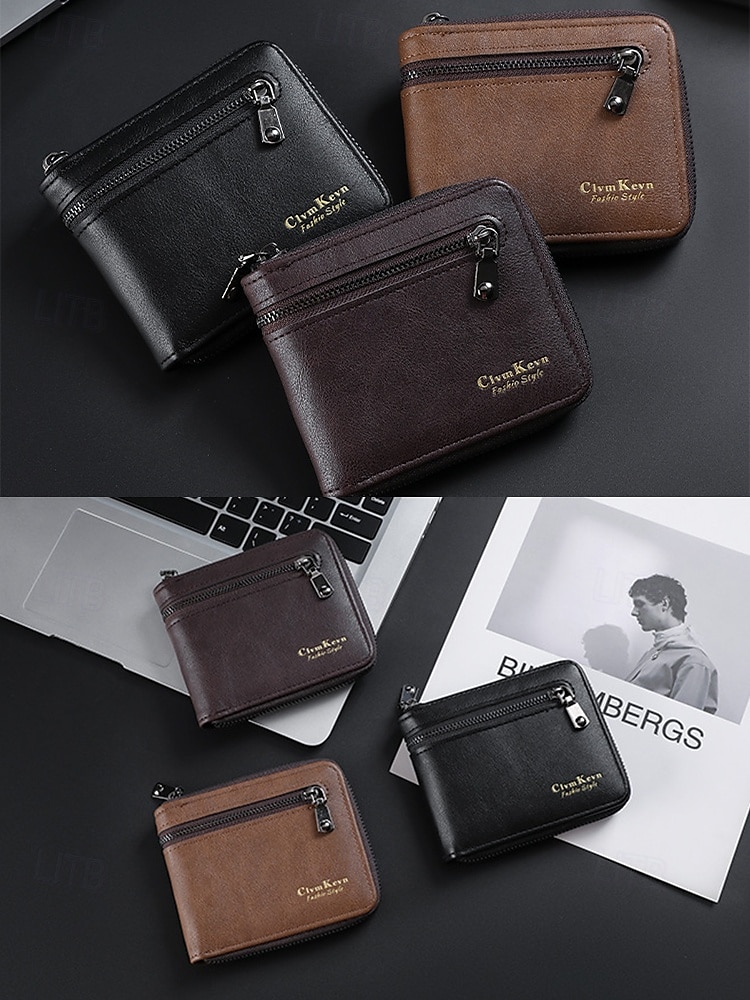Portafoglio da uomo in similpelle con cerniera – design sottile a due ante con più scomparti per carte e tasca portamonete, borsa elegante e resistente per lavoro, viaggi e uso quotidiano del 2025 a $11.99 –P6