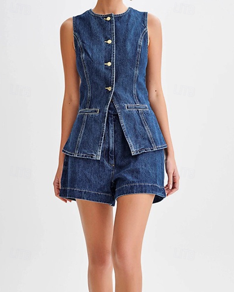 Women's Active Fashion Blouse Shorts Sets Sleeveless Crew Neck Solid Color Split Thigh Vacation Casual Daily Blue Summer Regular Fit 2025 - $48.99 –P6