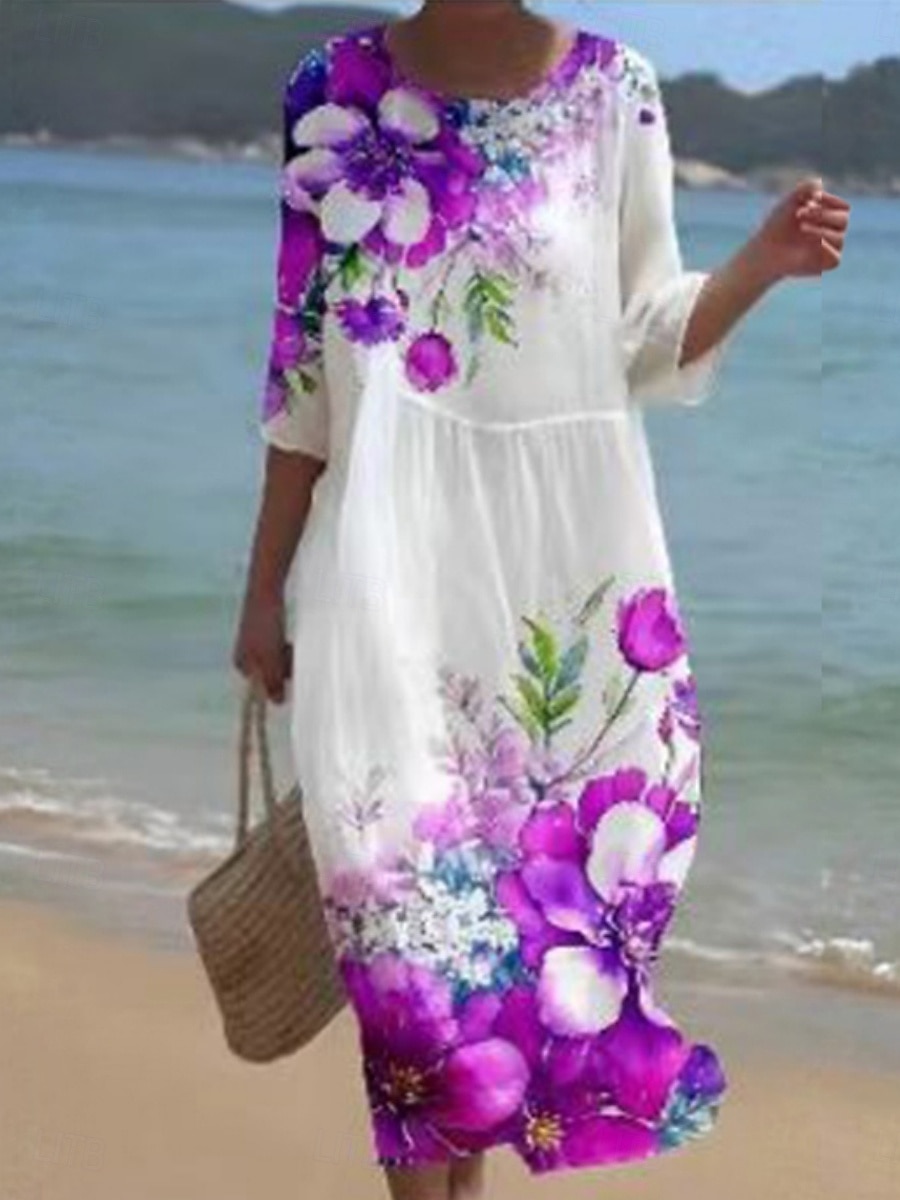Damen Midikleid Freizeitkleid Druckkleid Mode Modern Täglich Strand Wochenende Normale Passform Blumen Dreiviertelarm Rundhalsausschnitt Weiß Rosa Violett Purpur Sommer Frühling Herbst 2025 - $31.99 –P1