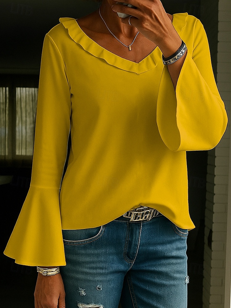 Women's Tunic Solid Color Elegant Vintage Stylish Long Sleeve V Neck Regular Tops Daily White Yellow Pink Green Spring Fall 2025 - $25.99 –P2