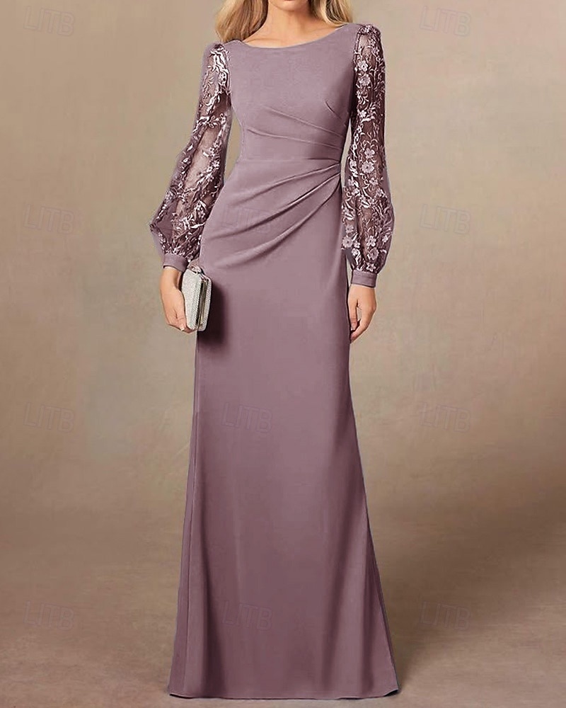 Abito Madre della Sposa Sheath  Column Blu Polveroso Elegante Semplice Minimalista Collo a Barchetta Lunghezza Piena Crepe Elasticizzato Manica Lunga con Ricamo in Pizzo del 2025 a $149.99 –P5