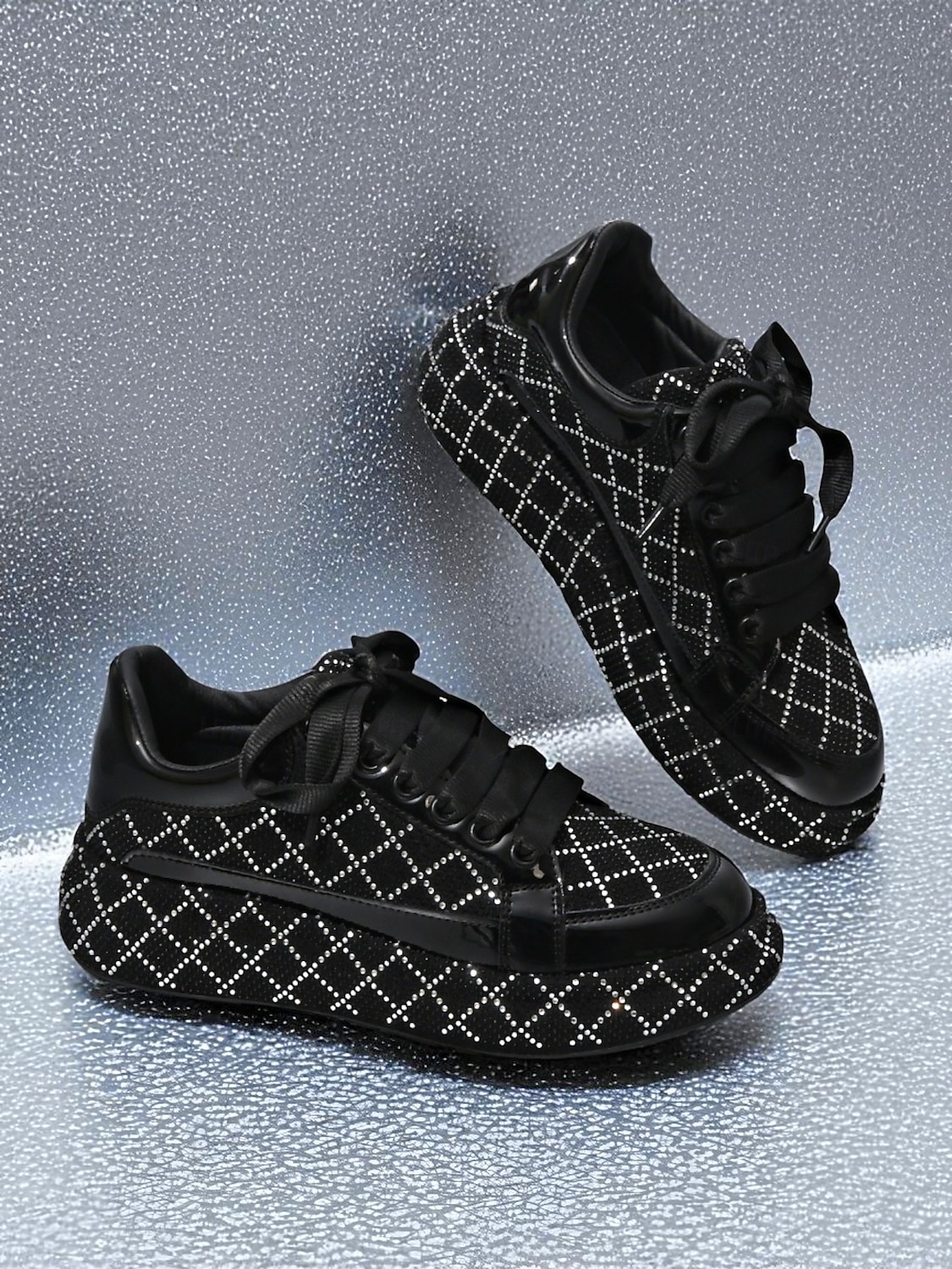 Tênis femininos acolchoados com strass - sapatos de festa com cadarço preto e prata para vida noturna, baladas e streetwear moderno de 2025 por $34.99 –P2