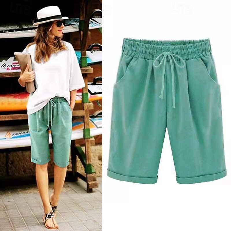 loungeshorts för kvinnor i ren färg elastisk midja med dragsko enkel avslappnad komfort hem daglig semester ventilerande ficka fempunktsbyxor 2025 - $17.99 –P15