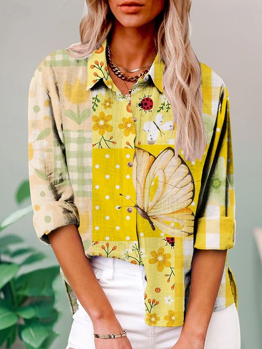 Per donna Camicia Floreale Farfalla Attivo Quotidiano Elegante Manica Lunga Colletto a Camicia Top Regolari Quotidiano Ferie Bottoni Stampato Bianco Giallo Blu Viola Verde Estate Primavera Autunno del 2025 a $29.99 –P1