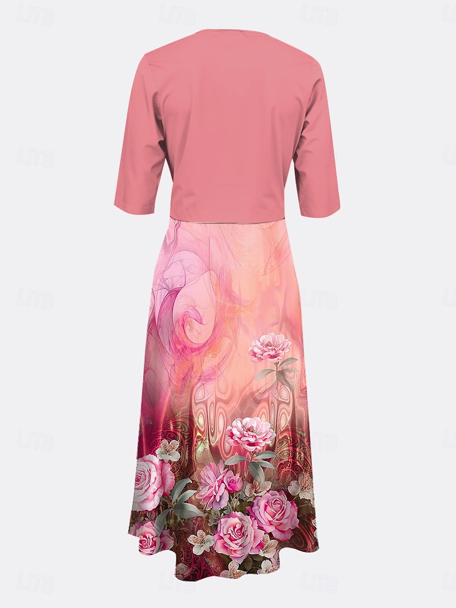 Dam Klänning Set A linjeklänning Sommarklänning Ledigt Semiformella klänningar Blommig Mönster Midiklänning Halvlång ärm V-hals Semester Datum Rodnande Rosa Blå Purpur Vår Höst Normal 2025 - $36.99 –P2