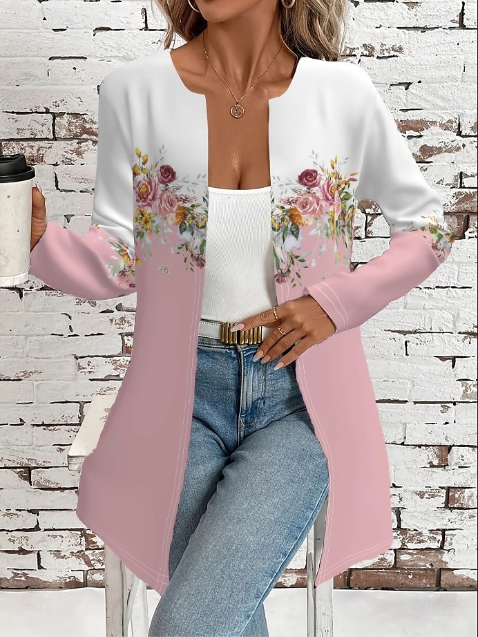Dam Vardaglig jacka Bekväm Andningsfunktion Ficka Elegant Ledigt Blommig Ledigt Dagliga kläder Öppen front Lång Rund halsringning Normal Långärmad Ytterkläder Rodnande Rosa Blå Vår Höst 2025 - $27.99 –P5