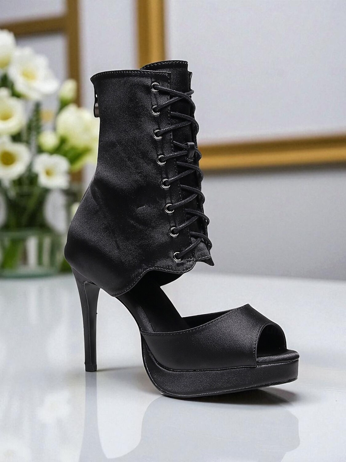 Bottes de danse florales pour femmes - Chaussures de danse latine professionnelles à talons hauts et bout ouvert en satin avec imprimé rose élégant, idéales pour la salsa, le tango et les spectacles de 2025 ? $64.99 –P12
