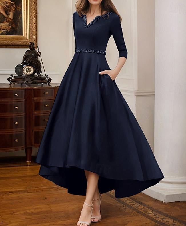 Robe de cocktail trapèze élégante, robe de soirée formelle, longueur thé, robe asymétrique, manches mi-longues, col en V, satin extensible avec poche à perles, 2025 de 2025 ? $142.99 –P4