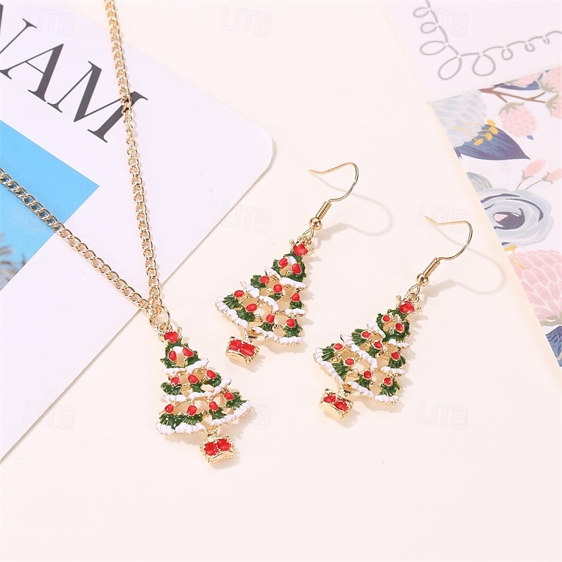 Ensemble de bijoux pour femme en forme de sapin de Noël avec collier pendentif en émail festif et boucles d'oreilles pendantes - accessoires de fête pour les fêtes de Noël et les cadeaux de 2025 ? $9.99 –P5