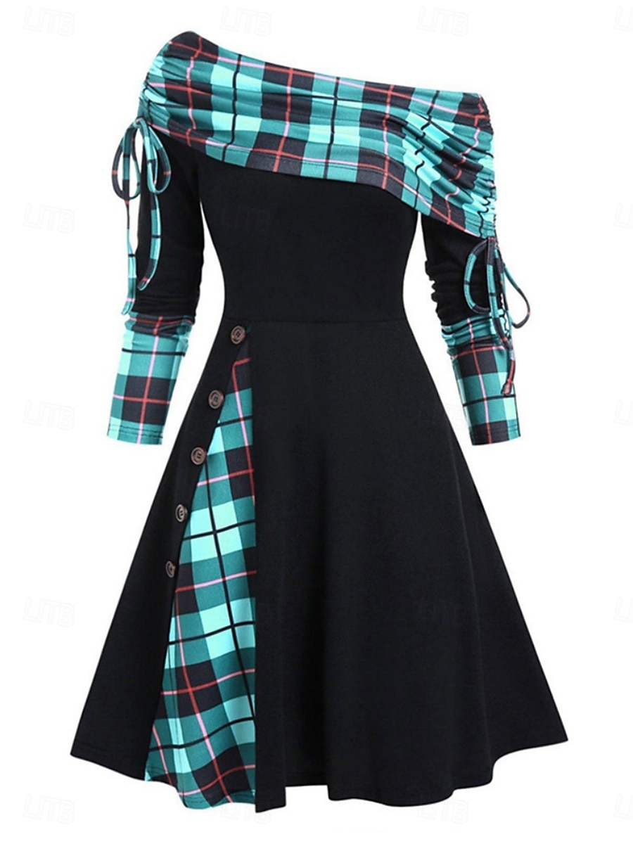 Damen Minikleid A Linie Kleid Lässig Täglich Normale Passform Karomuster Langarm Schulterfrei Schwarz Rote Marineblau Königliches Blau Frühling Herbst Winter 2025 - $31.99 –P7