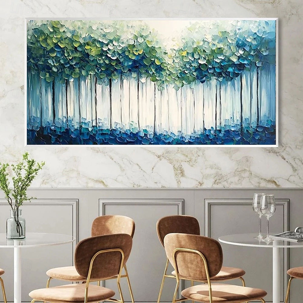 Peinture à l'huile faite à la main, forêt abstraite moderne, coups de pinceau texturés audacieux, canopée vert émeraude, teintes bleu sarcelle, troncs minimalistes, profondeurs saphir, galerie d'art de 2025 ? $108.99 –P1