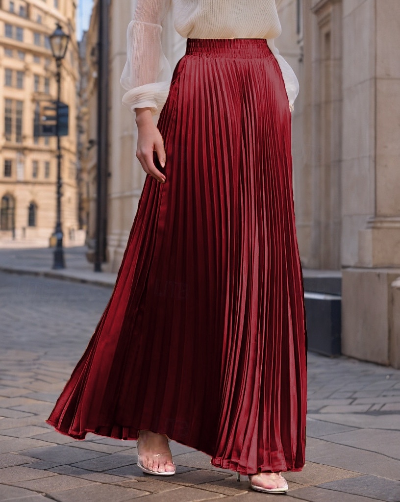 Pentru femei Fustă Fusta lunga Modă Lung Maxi Talie Înaltă Fuste Mată Zdrobit Plisată Sidefat Micro-elastic Zilnic Concediu Măr Verde Caisă Roșu Vin Roz mov Primăvară, toamnă, iarnă, vară Poliester 2025 - $19.99 –P10