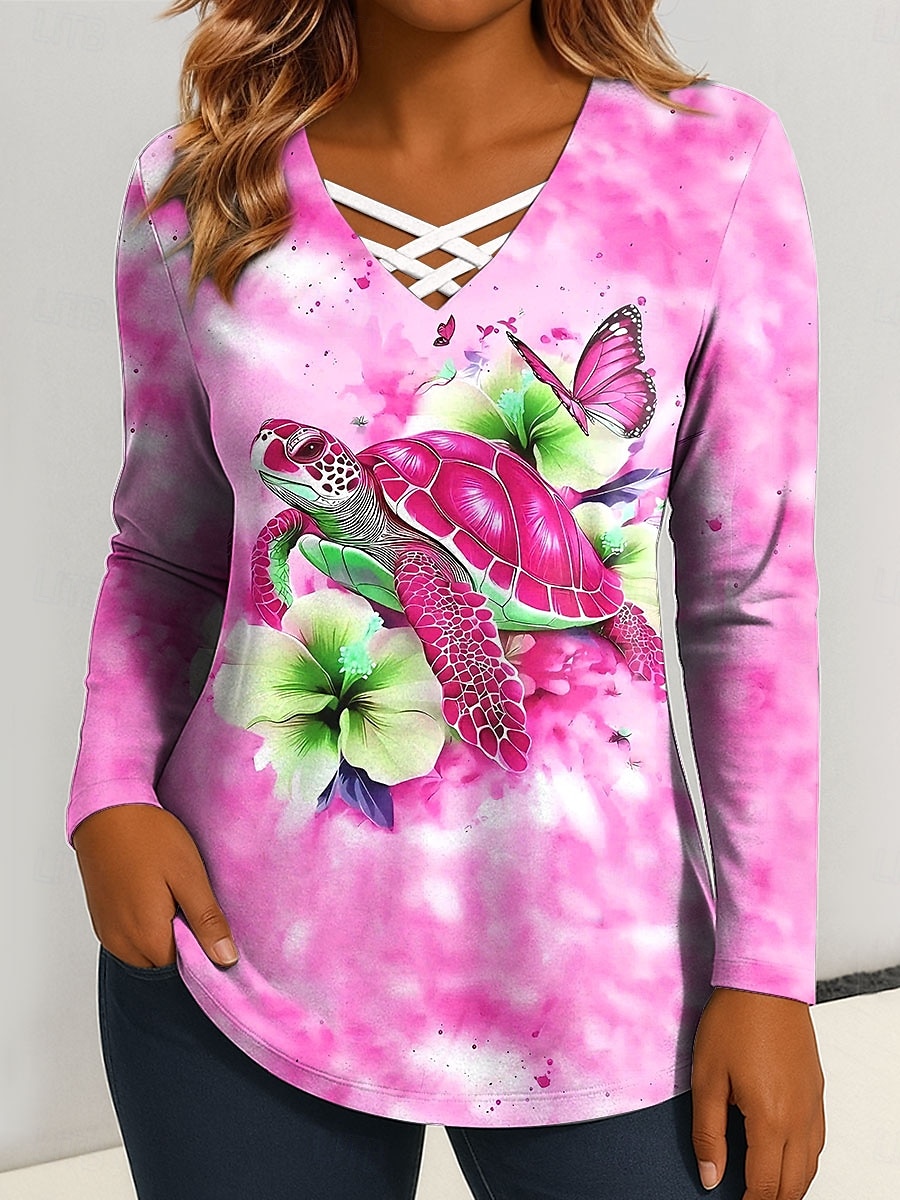 Per donna Maglietta Taglio Stampato Grafico Animale Tartaruga di mare Vintage Elegante Classico Manica Lunga Scollo a V Top Regolari Quotidiano Blu Rosso Fucsia Verde Primavera Autunno del 2026 a $24.99 –P2