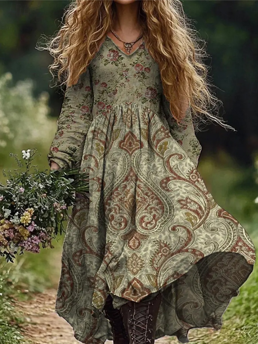 Femmes Robe maxi Robe d'Été Robe Plissée Vacances Occasionnel Boho Sortir Plage Fleuri Graphique Paisley manche longue Col en V Vert foncé Vin Gris foncé Bleu Été Printemps de 2025 ? $35.99 –P4