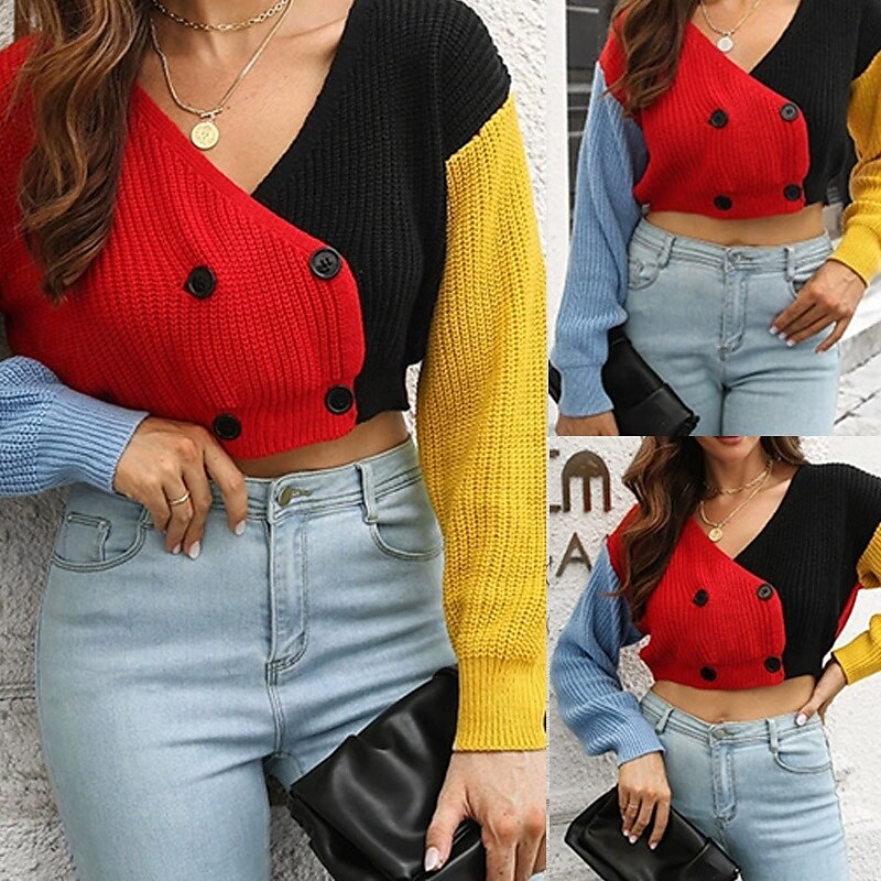 Damen Strickjacke Lässig Farbblock Grobstrick V Ausschnitt Gestrickt Langarm Crop Tops Stricken Täglich Ferien Ausgehen Rote Herbst Winter 2025 - $22.99 –P1