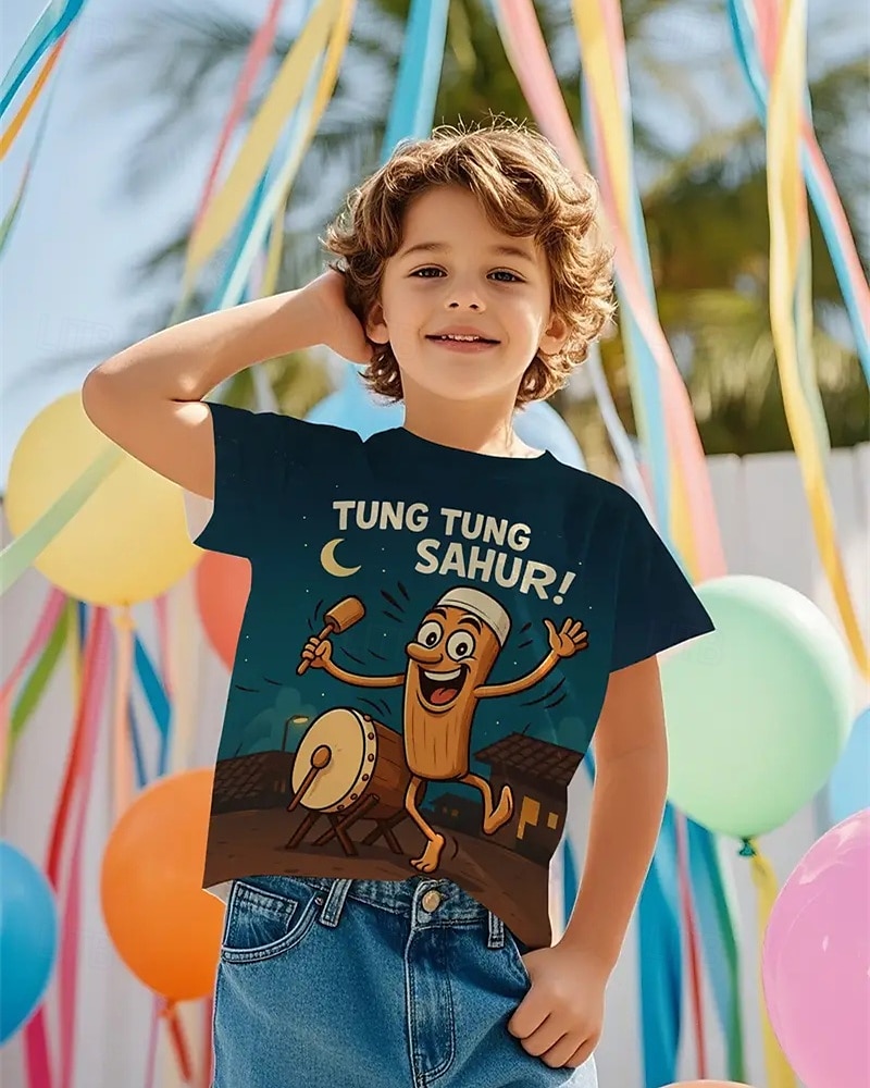 pojkars 3D-grafik lekfull trummande karaktär &Tung Tung Sahur t-shirt med tryck kortärmad sommar vår mode basic barn 4-12 år rund hals utomhus casual daglig normal passform 2025 - $11.99 –P3