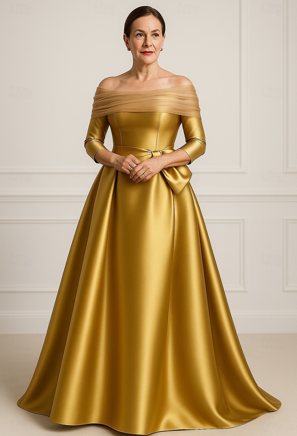 goldenes A-Linien-Abendkleid, elegantes Kleid für formelle Hochzeitsgäste, bodenlang, 3/4-Ärmel, schulterfrei, Tasche, Satin mit Schleife(n) 2025 2025 - $137.99 –P1