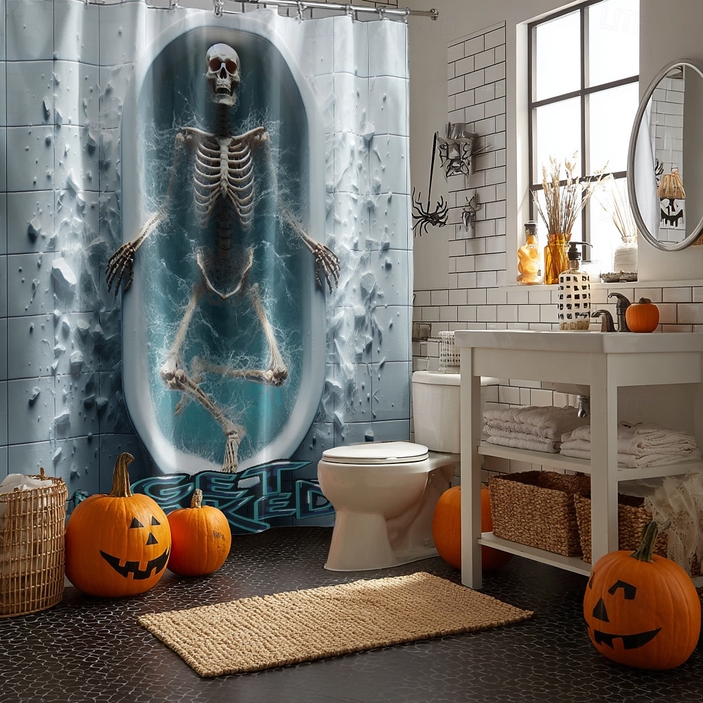 Halloweenský sprchový závěs s háčky, polyesterový, pratelný, voděodolný, vzorovaný, koupelnová vana, dekorace 2025 - $21.99 –P3