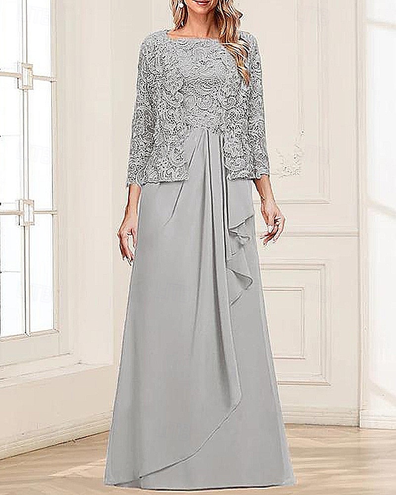 Tweedelig A-lijn Moeder van de bruid jurk Elegant Eenvoudig minimalistische Vierkante hals Tot de grond Chiffon Geribd kant Mouwloos 3/4 mouw met Plooien Ruches Gelaagde ruches 2025 2025 - $135.99 –P4