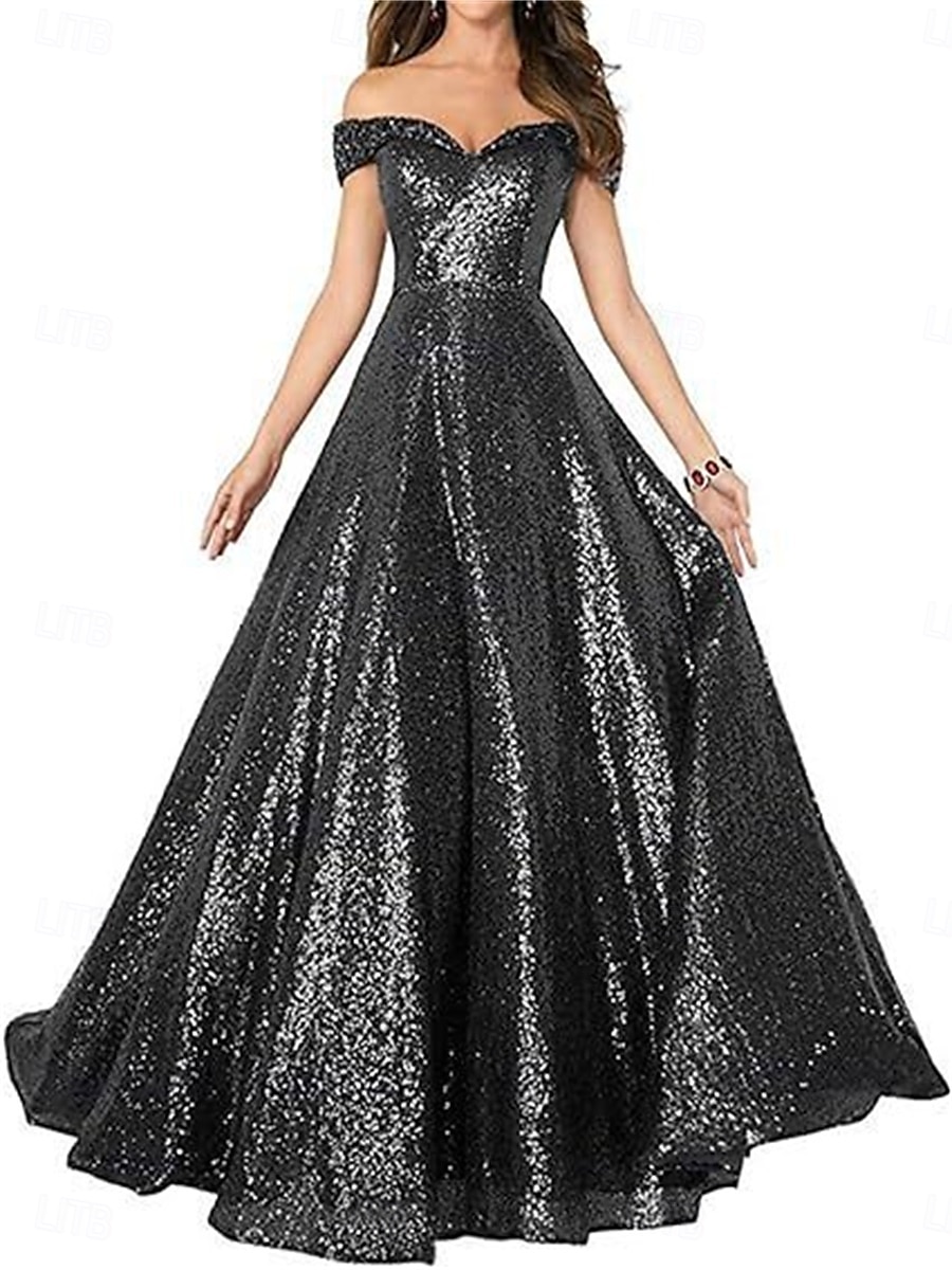 A-Line Evening Gown Elegant Dress Formal Performance Floor Length Short Sleeve Off Shoulder Sequined Backless with Pleats 2025 - $129.99 –P6