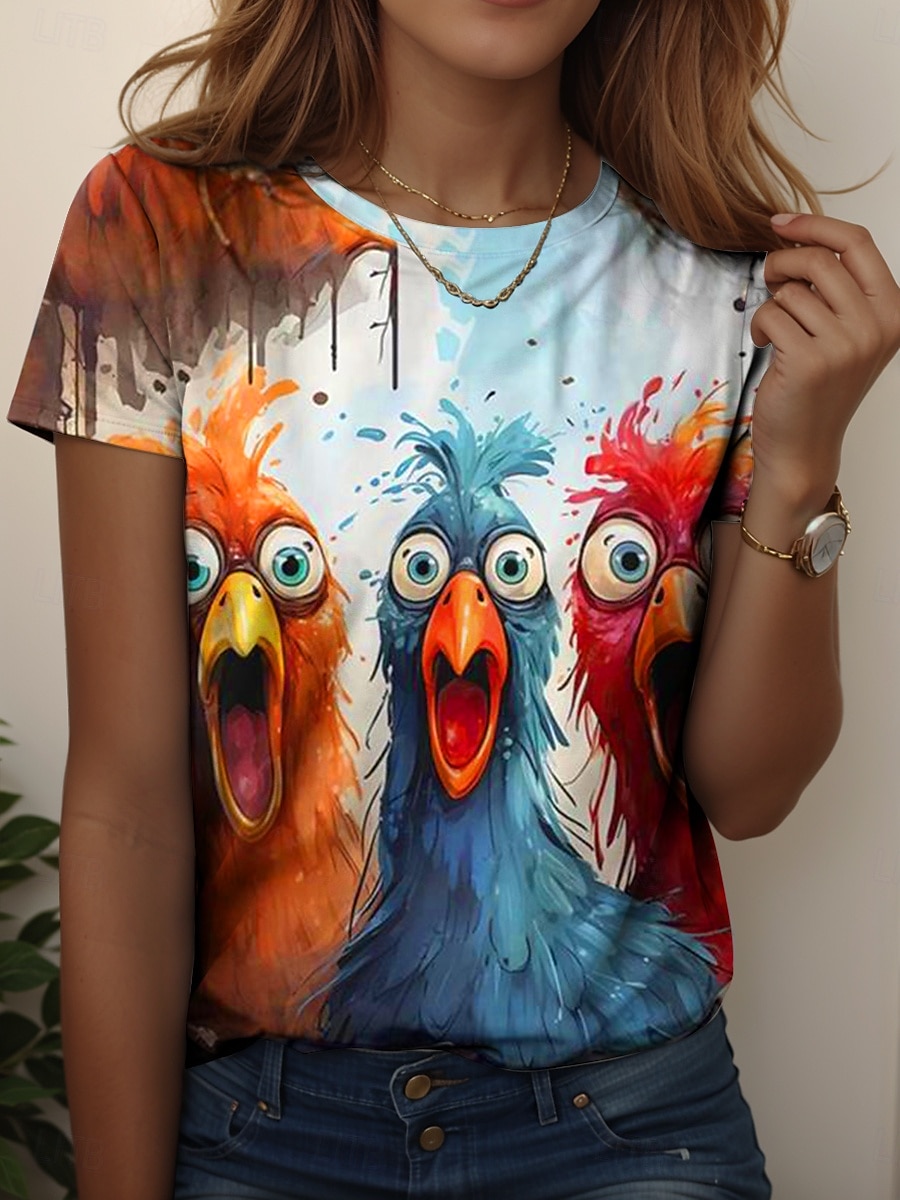 Dame T skjorte Grafisk Dyr Hane Årgang Stilfull Fritid Kortermet Crew-hals Vanlige topper Daglig Helg Trykt mønster Gul Blå Dusty Blue Sommer Vår 2025 - $19.99 –P2