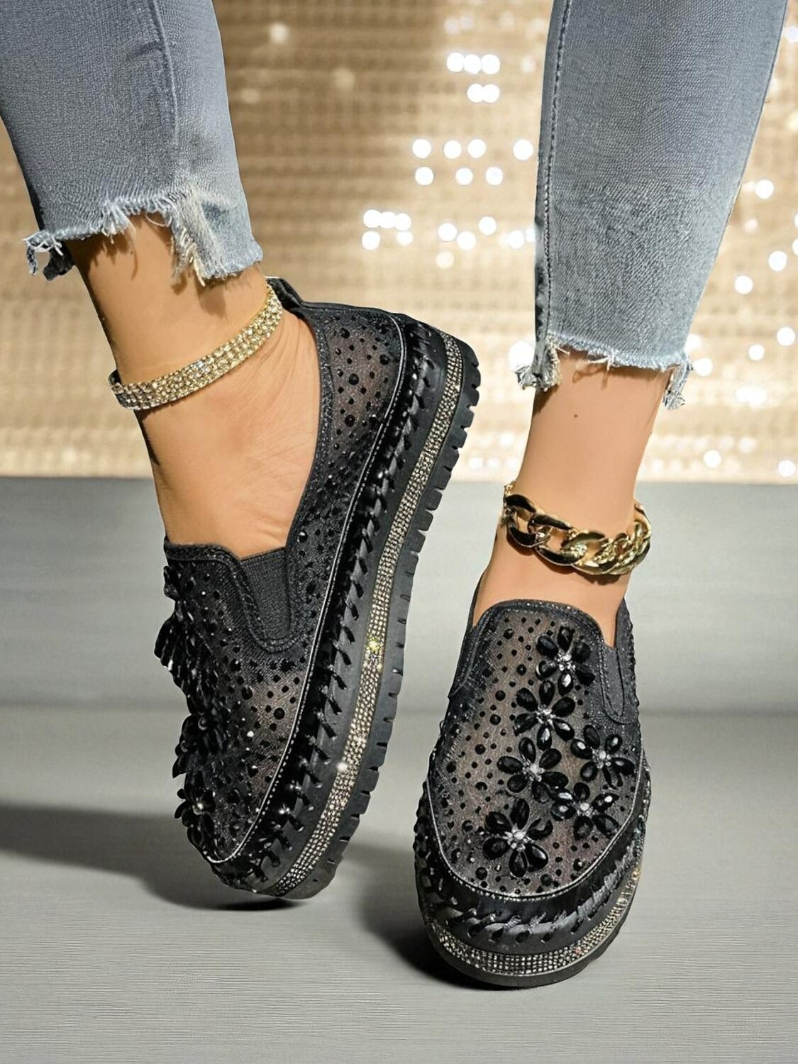 Sneakers slip-on da donna con strass, tomaia in mesh e suola spessa - scarpe alla moda per la vita notturna, le feste e le discoteche del 2025 a $34.99 –P3
