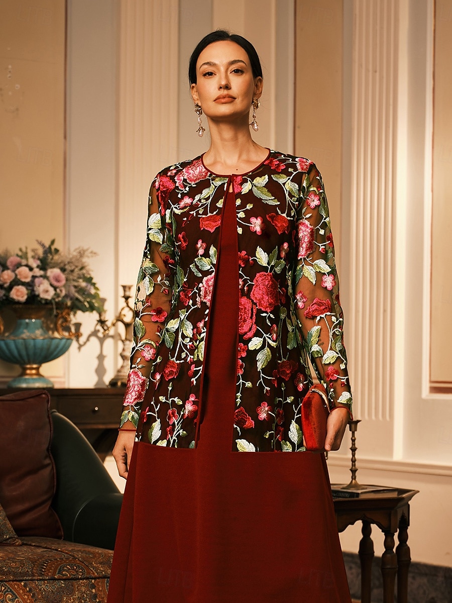 Femmes Blazer Respirant Dentelle Broderie Élégant Fleuri Formel Régulier Col Rond Coupe Ample manche longue Vêtements d'extérieur Rouge Bordeaux Été Printemps de 2025 ? $49.99 –P1