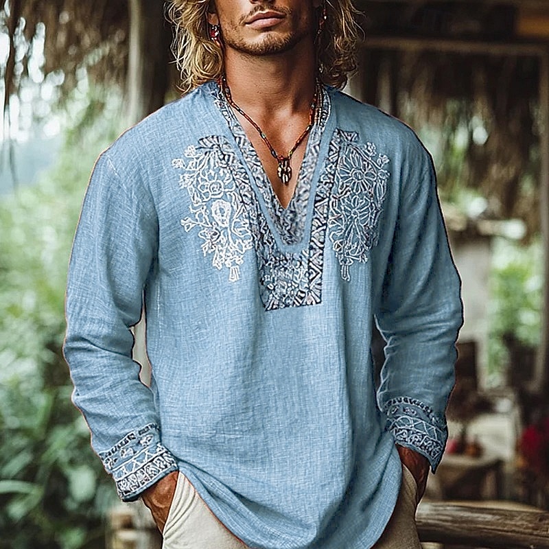 Men's Popover Shirt Summer Shirt Beach Wear Vintage Shirt Ethnic Shirt Floral Vacation Holiday Yellow Blue Orange Brown Long Sleeve V Neck Summer Spring Clothing Apparel 2025 - $23.99 –P6