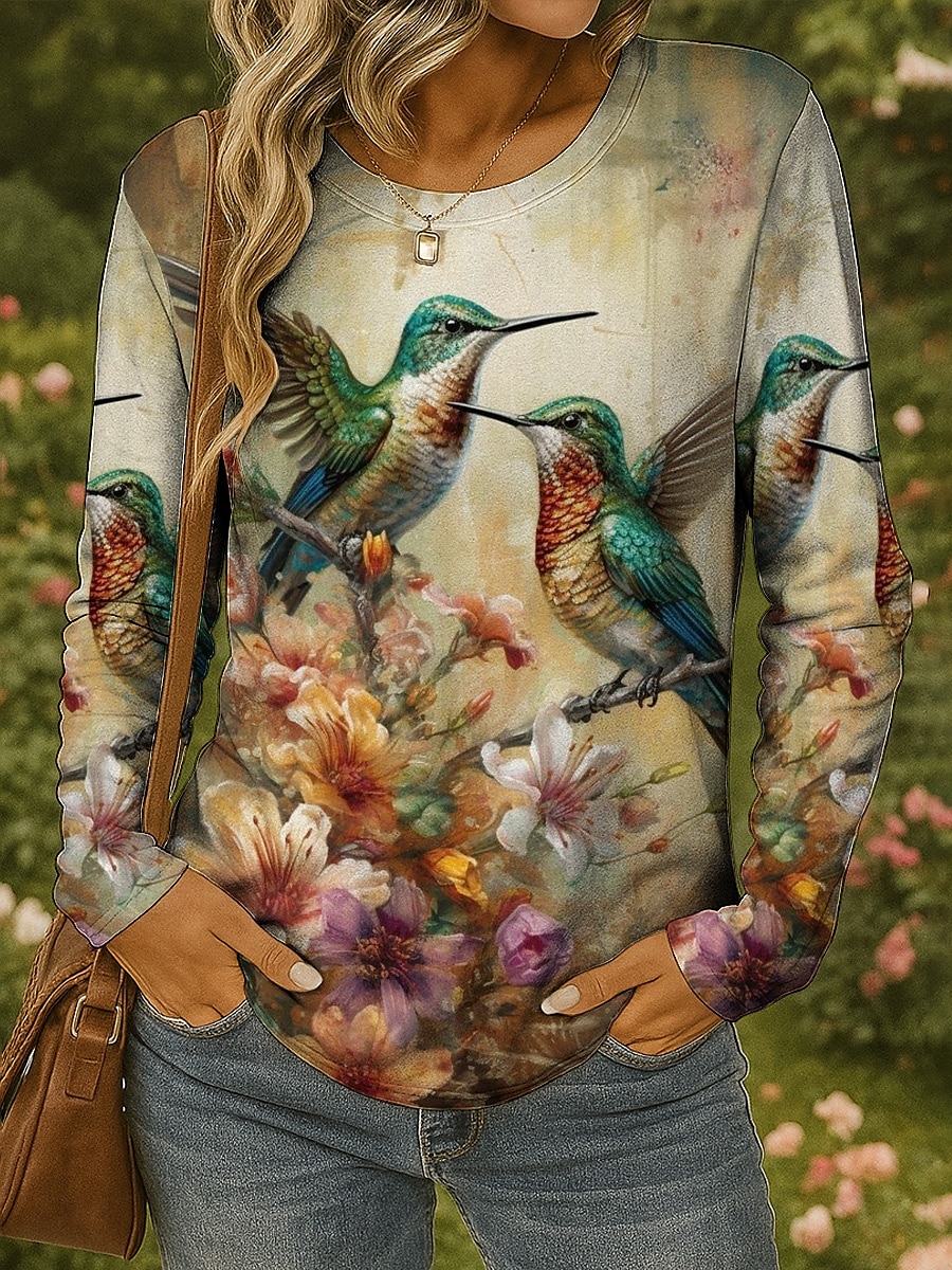Femmes T-shirt Fleuri Graphique Oiseau ancien Élégant Classique manche longue Col ras du cou Col rond Hauts Réguliers Quotidien Week-end Imprimé Rose Claire Rouge Vert Printemps Automne de 2025 ? $22.99 –P1
