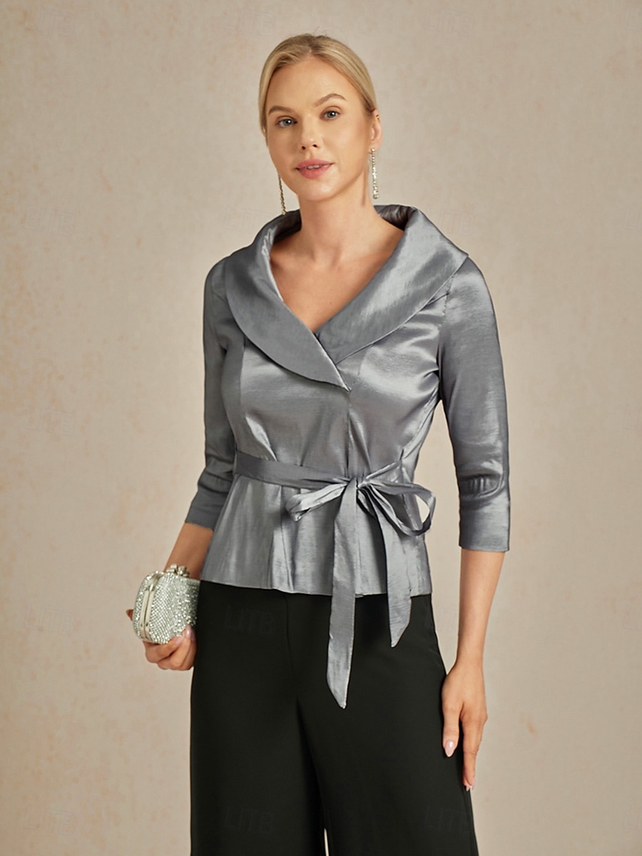 Dame Bluse Kveldstopper Elegant metallic Stilfull 3/4 ermer V-hals Vanlige topper Bryllupsgjest Aftenselskap Semi-formelt knyte foran Grå Vår, Høst, Vinter, Sommer 2025 - $79.99 –P2