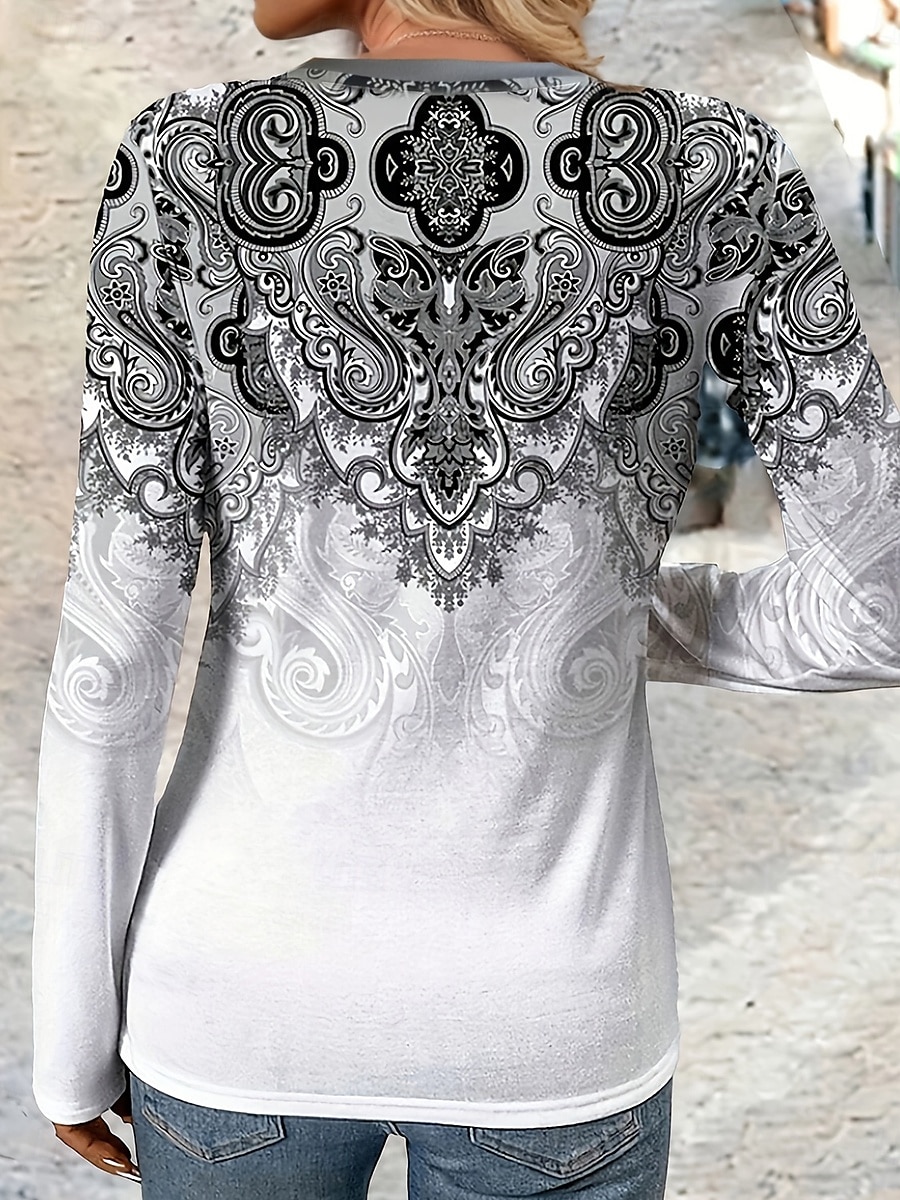 Femmes T-shirt Graphique Géométrie ancien Élégant Occasionnel manche longue Col en V Hauts Réguliers Quotidien Imprimé Rouge Bleu Violet Vert Gris Printemps Automne de 2025 ? $22.99 –P2