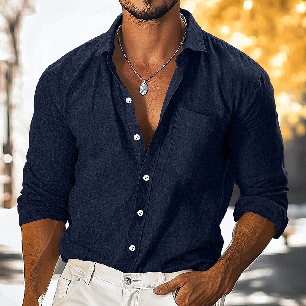 Voor heren Overhemd Linnen overhemd Overhemd met knopen Effen Vakantie Casual Zwart Geel Marineblauw Bruin Lange mouw Strijkijzer Zomer Herfst Kleding Knop 2025 - $23.99 –P5